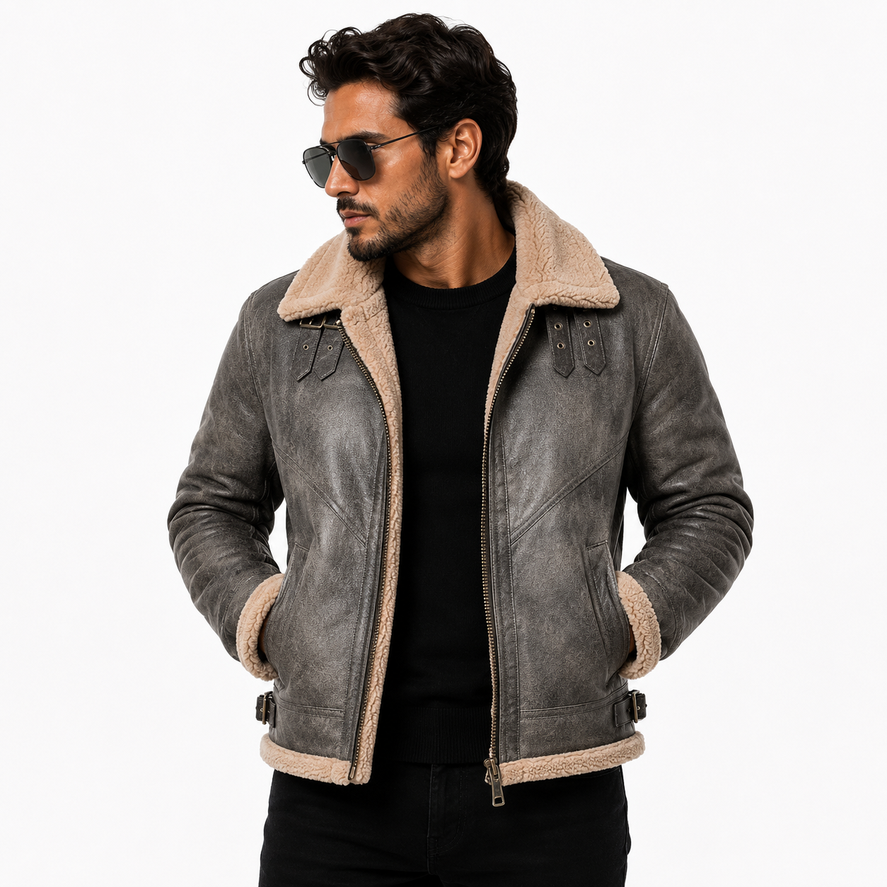 Men's Distressed Grey B-3 Aviator Jacket