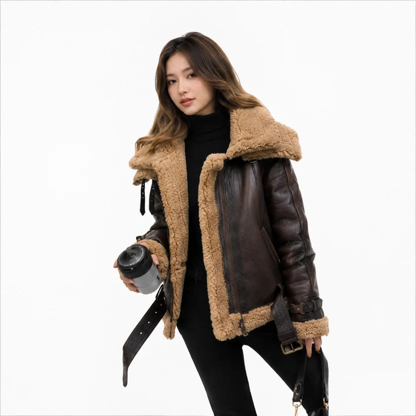 Women's dark brown shearling aviator jacket winter outfit