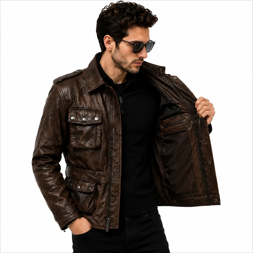 brown leather field biker jacket