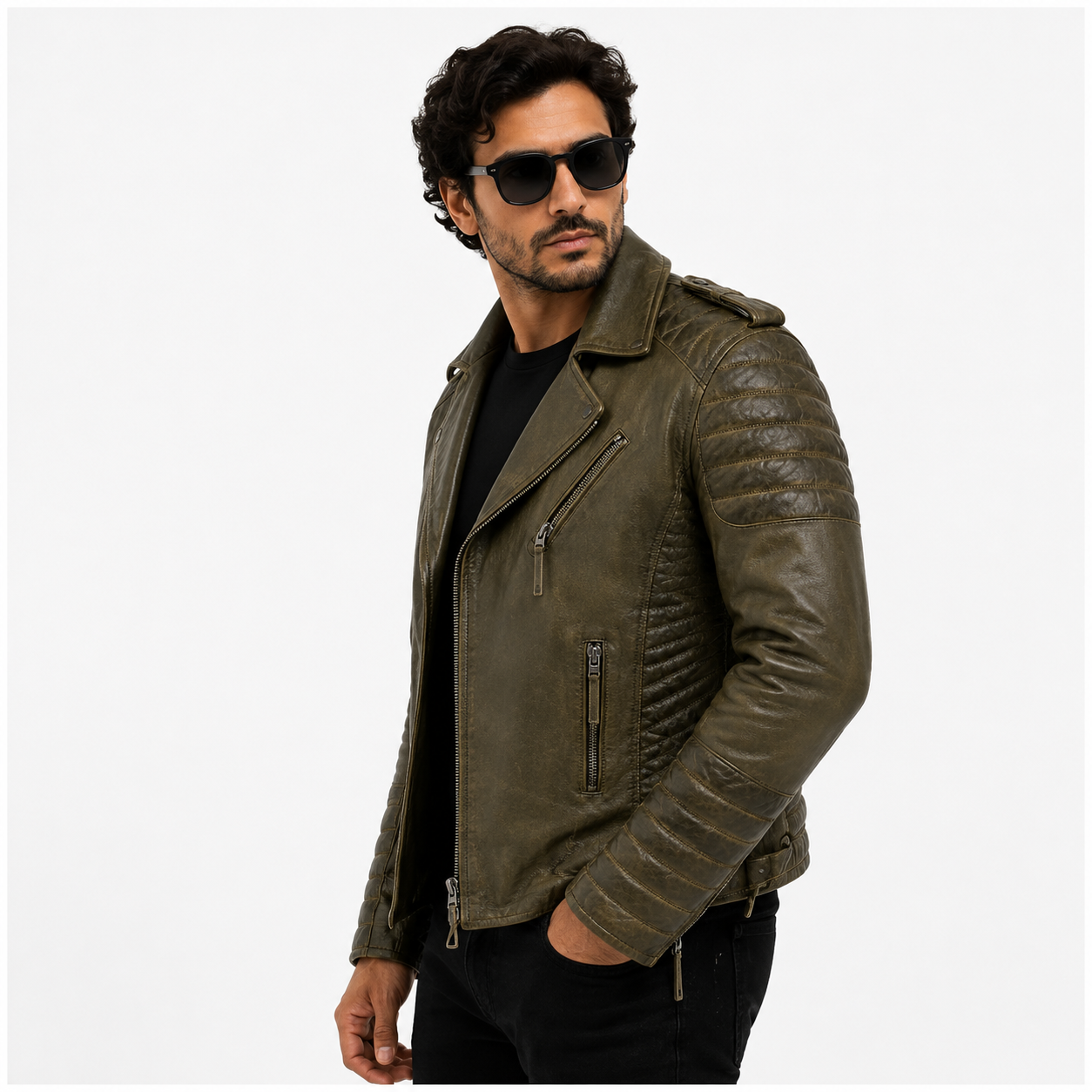 Men's Distressed Olive Green Leather Biker Jacket