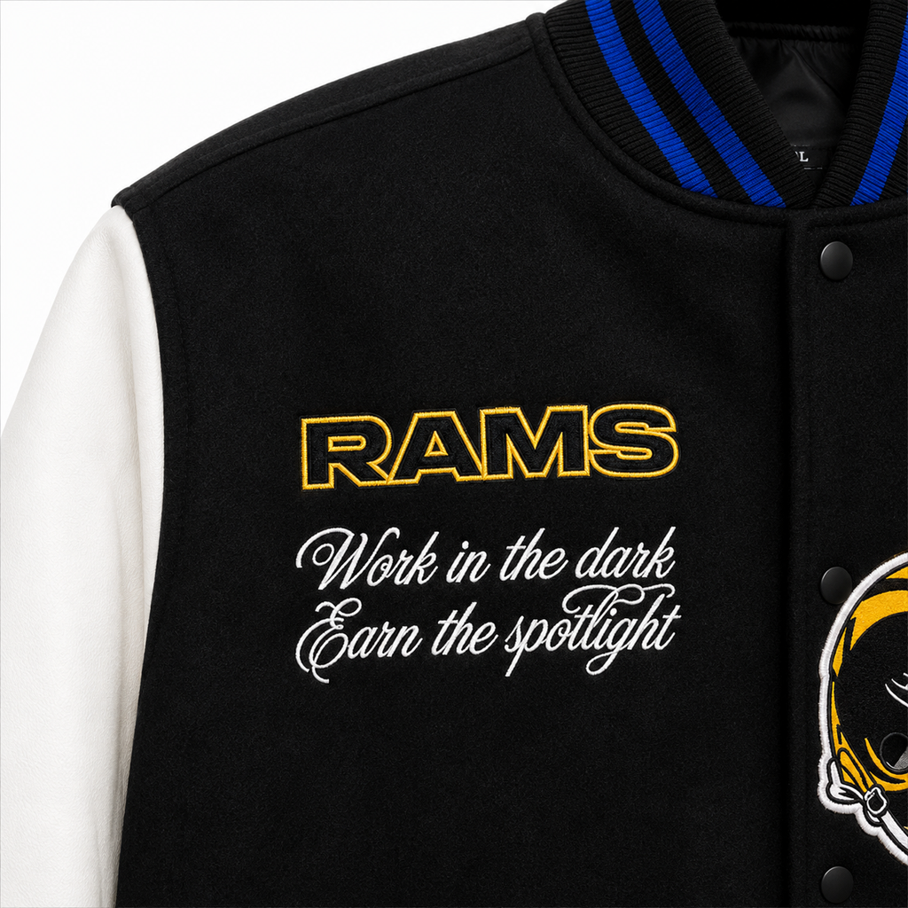 LA Rams Varsity Jacket with Work in the Dark Quote and LA Patch
