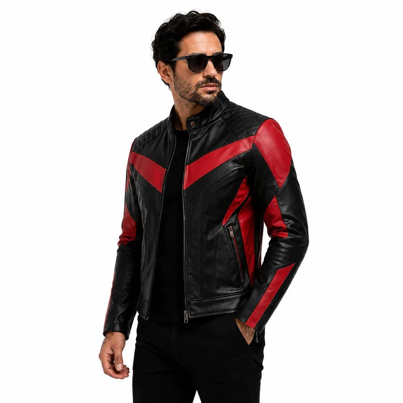 Men's Black Red V-Panel Racer Leather Jacket