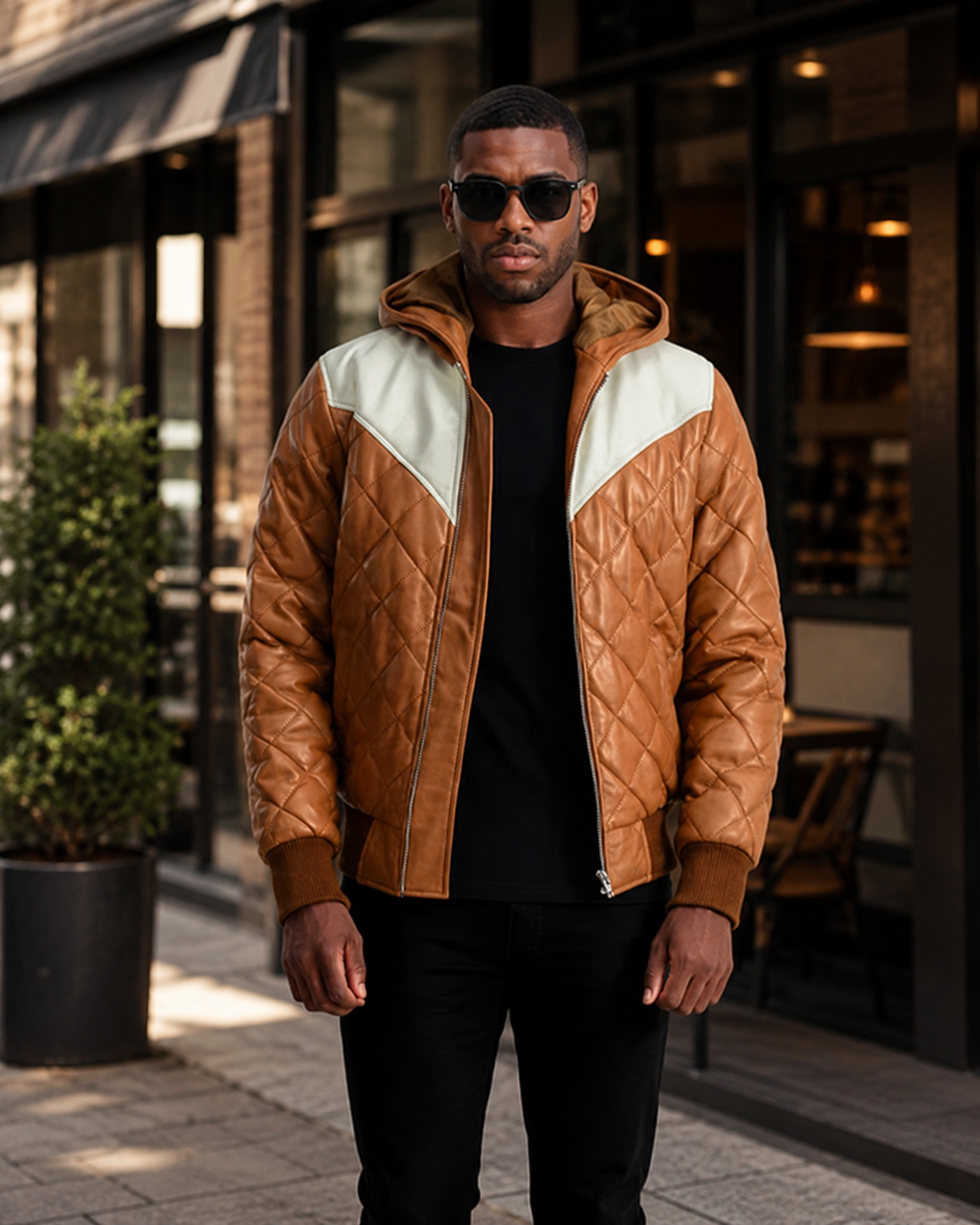 Norman Tan Hooded Bomber Leather Puffer Jacket