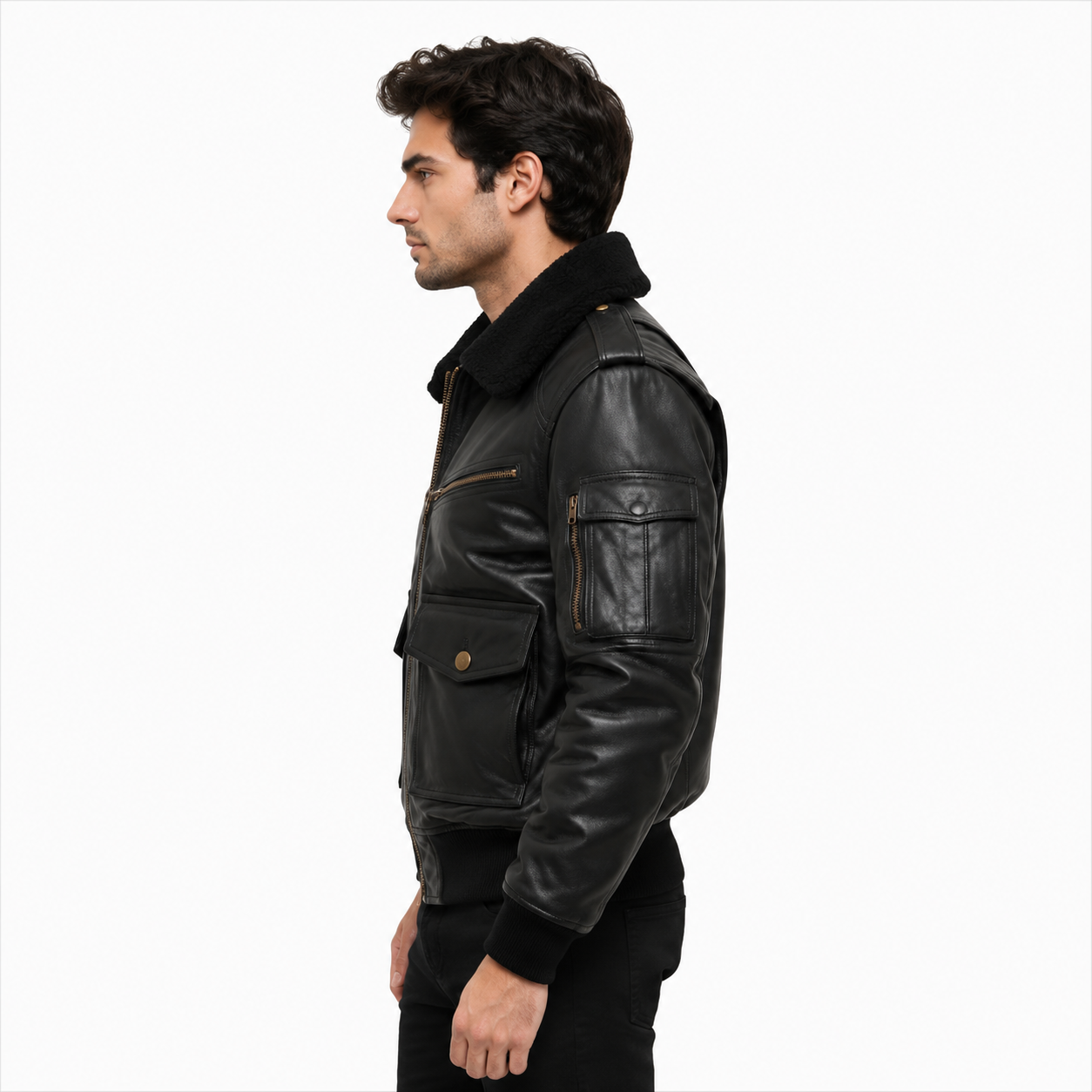 Men's Black Military Style Leather Bomber Jacket