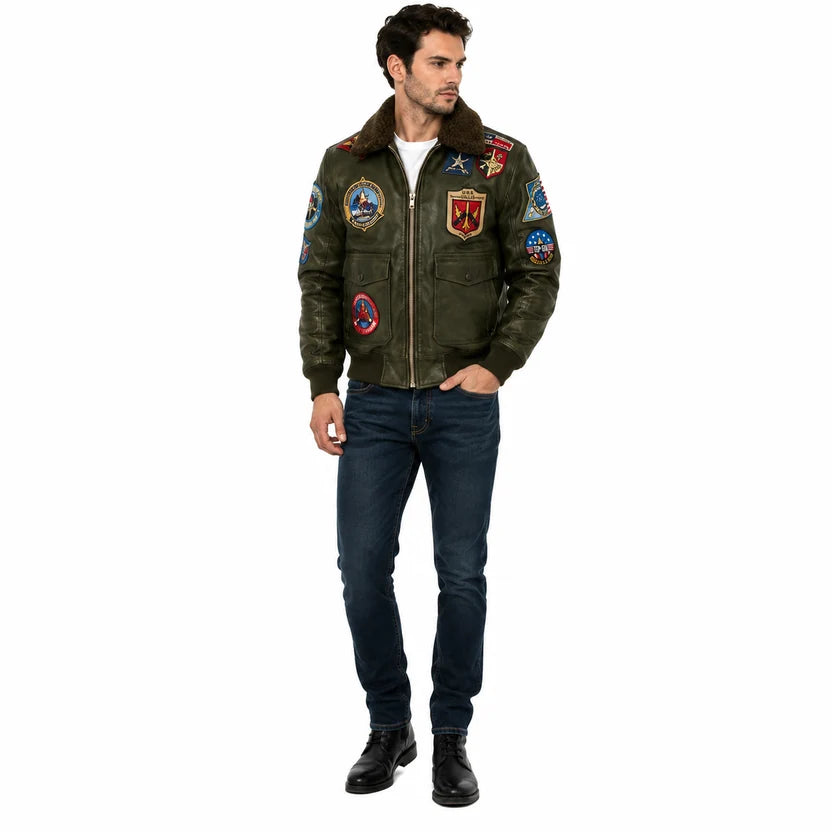 Army Green Leather Jacket with VF-1 Wolfpack and Seabees Military Patches