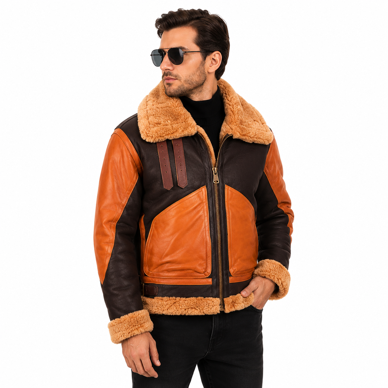 Tan Shearling Leather Bomber Jacket