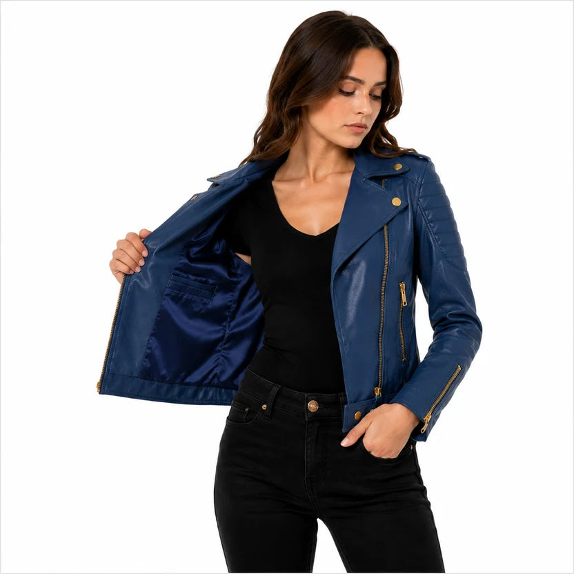 Women's Royal Blue Biker Leather Jacket