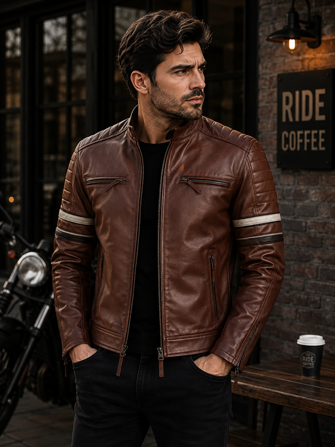 Men's Brown Genuine Leather Café Racer Jacket