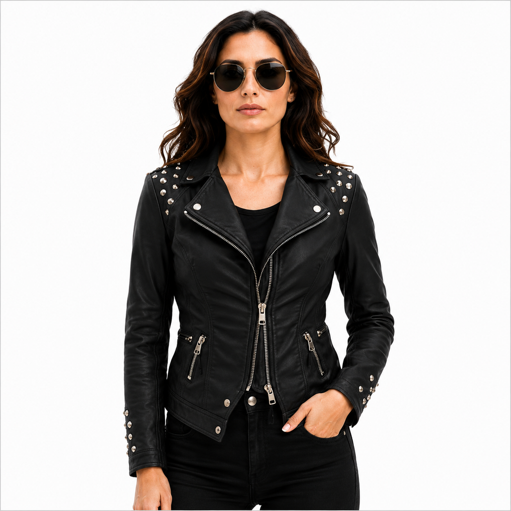 Women's Soft-Studded Black Leather Biker Jacket