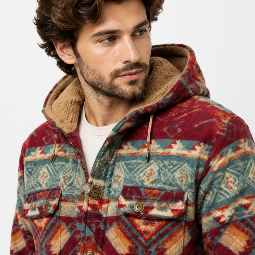 Burgundy Aztec Pattern Button Sherpa 
