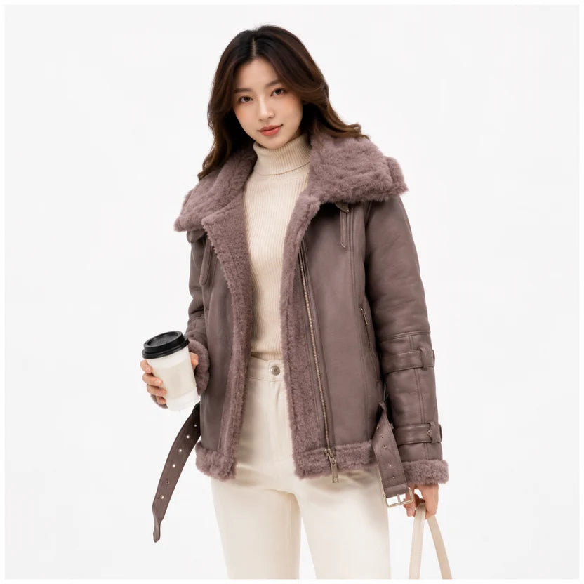 Women's mauve shearling aviator jacket winter outfit