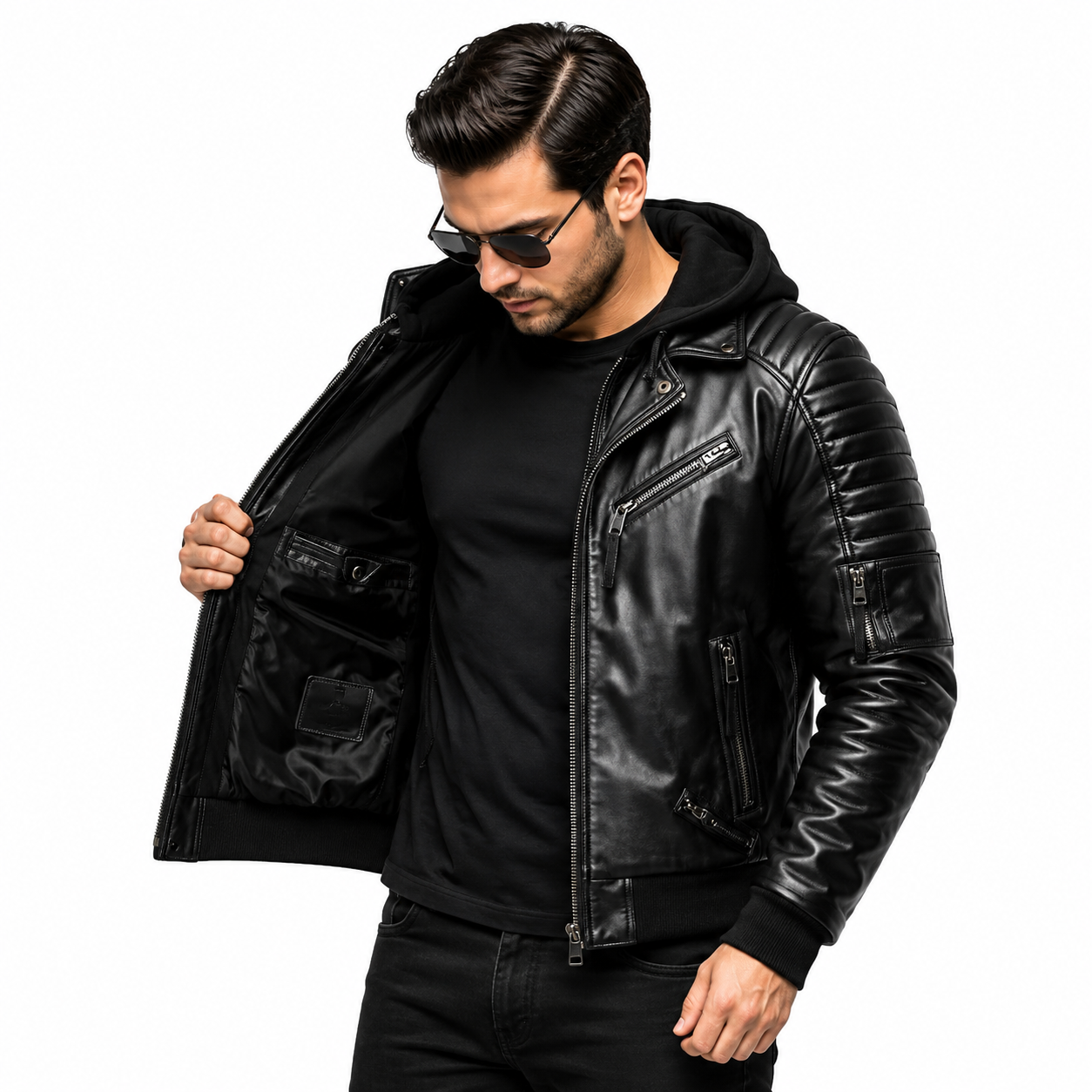 Men's hooded leather biker jacket