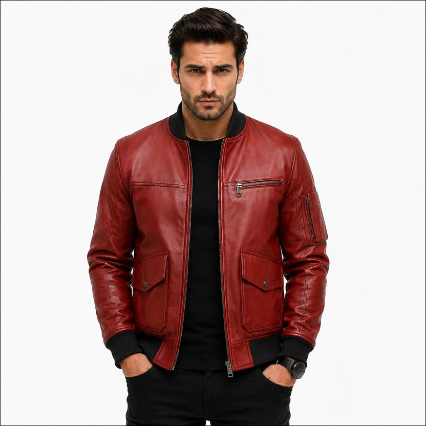 Utility zip pocket on sleeve of oxblood red leather bomber jacket
