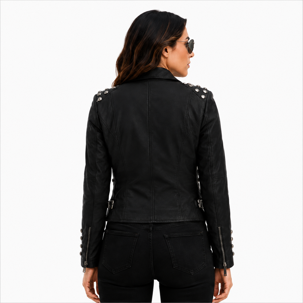 Women's Studded Black Leather Biker Jacket