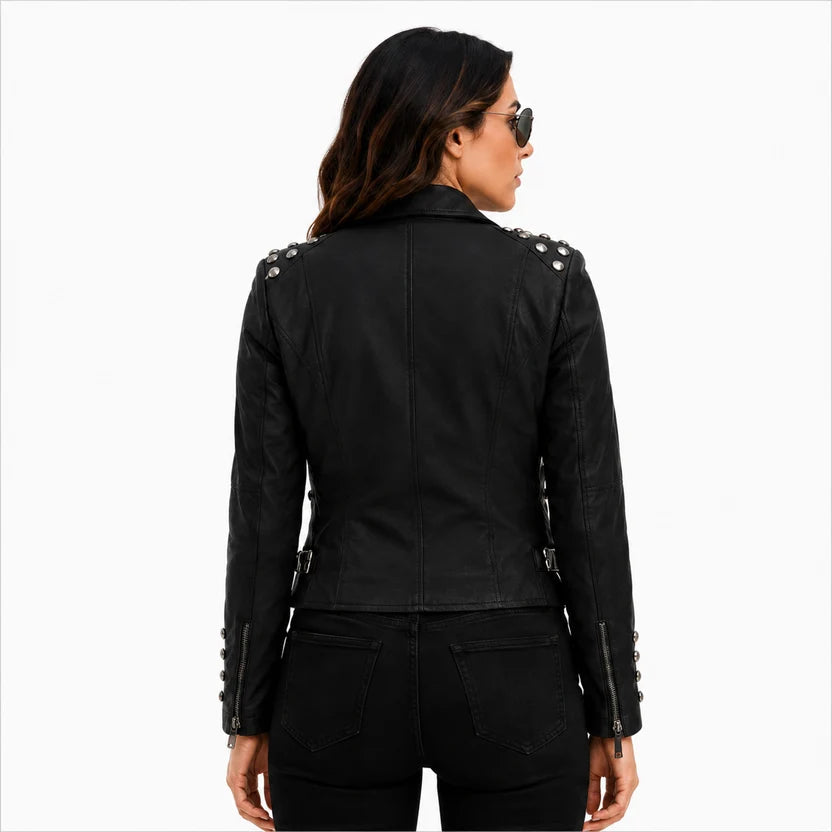 Women's Black Studded Leather Moto Jacket