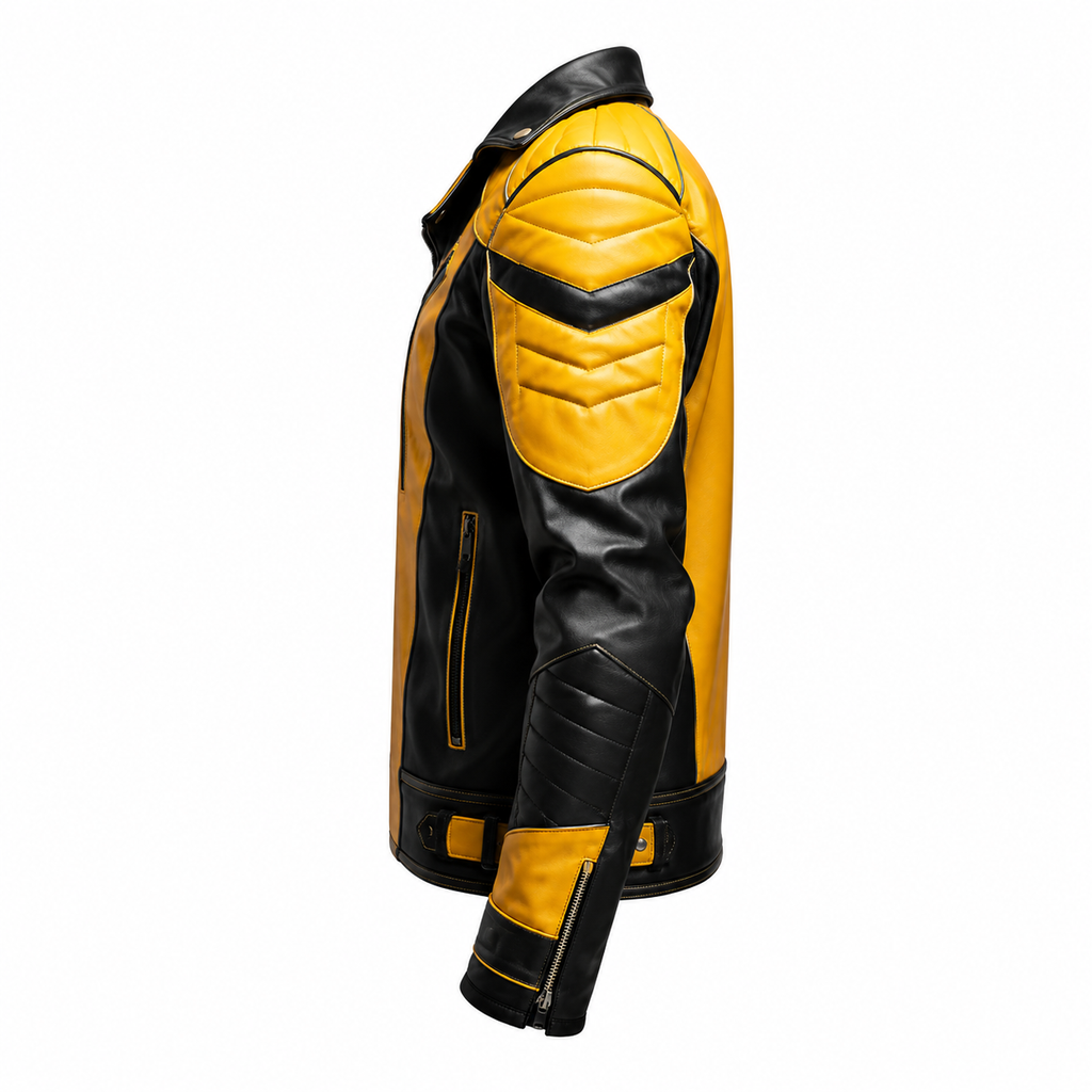 Yellow and Black Biker Leather Jacket with Asymmetric Zipper