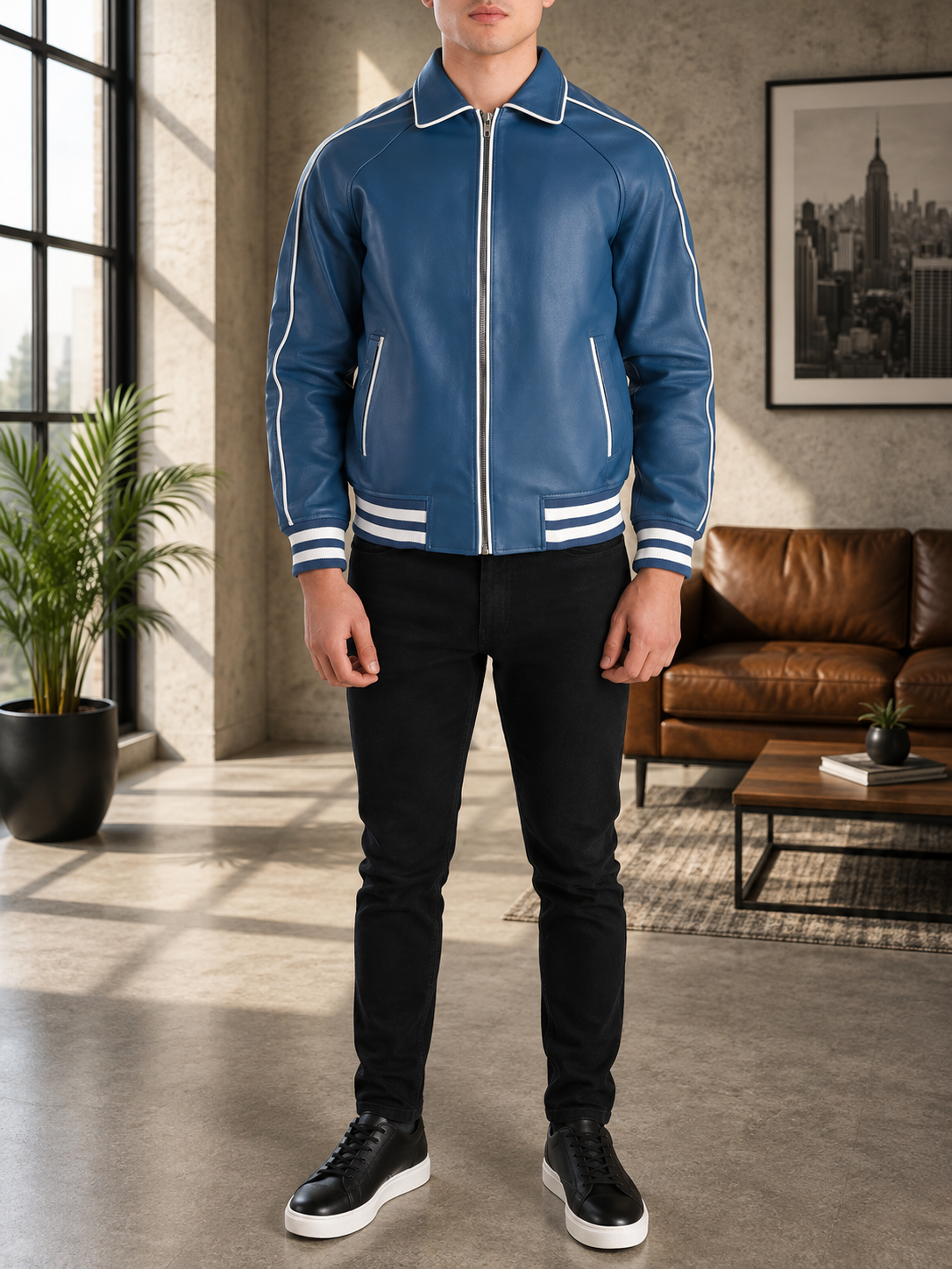 Blue Varsity Bomber Leather Jacket