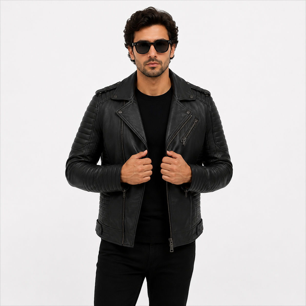 Men's Stealth Black Asymmetric Leather Biker Jacket