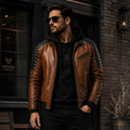 men's brown hooded leather biker jacket