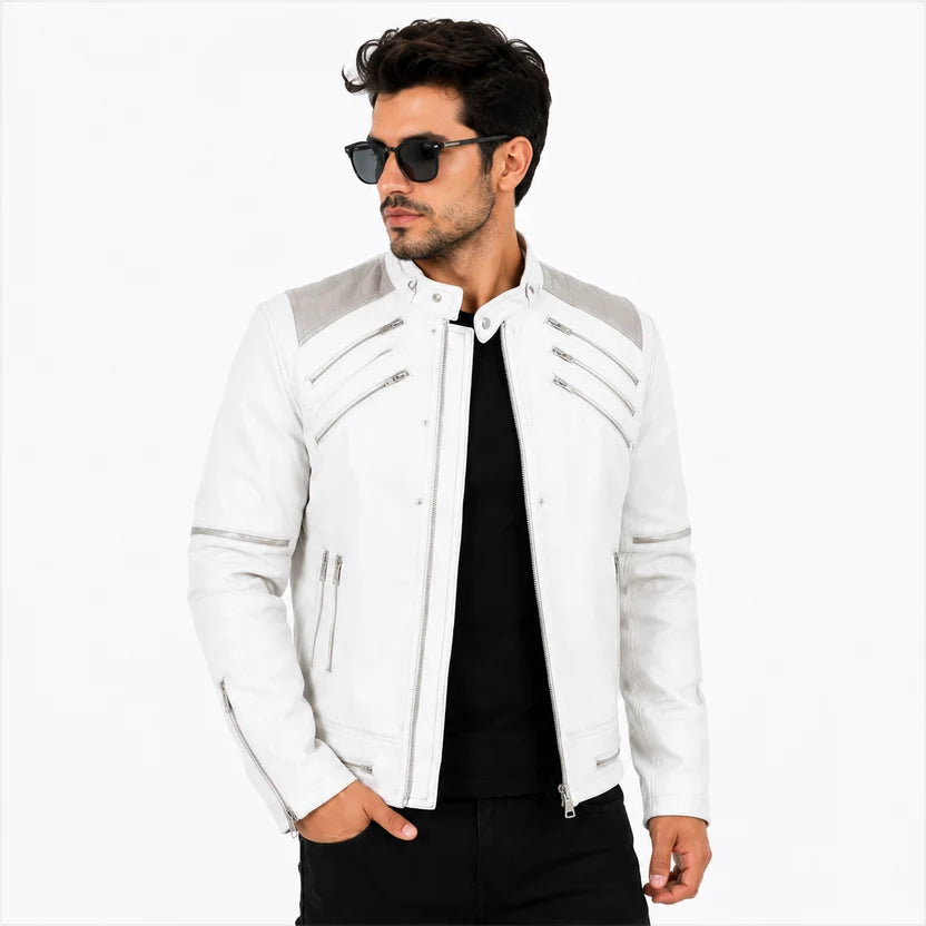 White Leather Jacket with Multiple Diagonal Zippers Michael Jackson Style