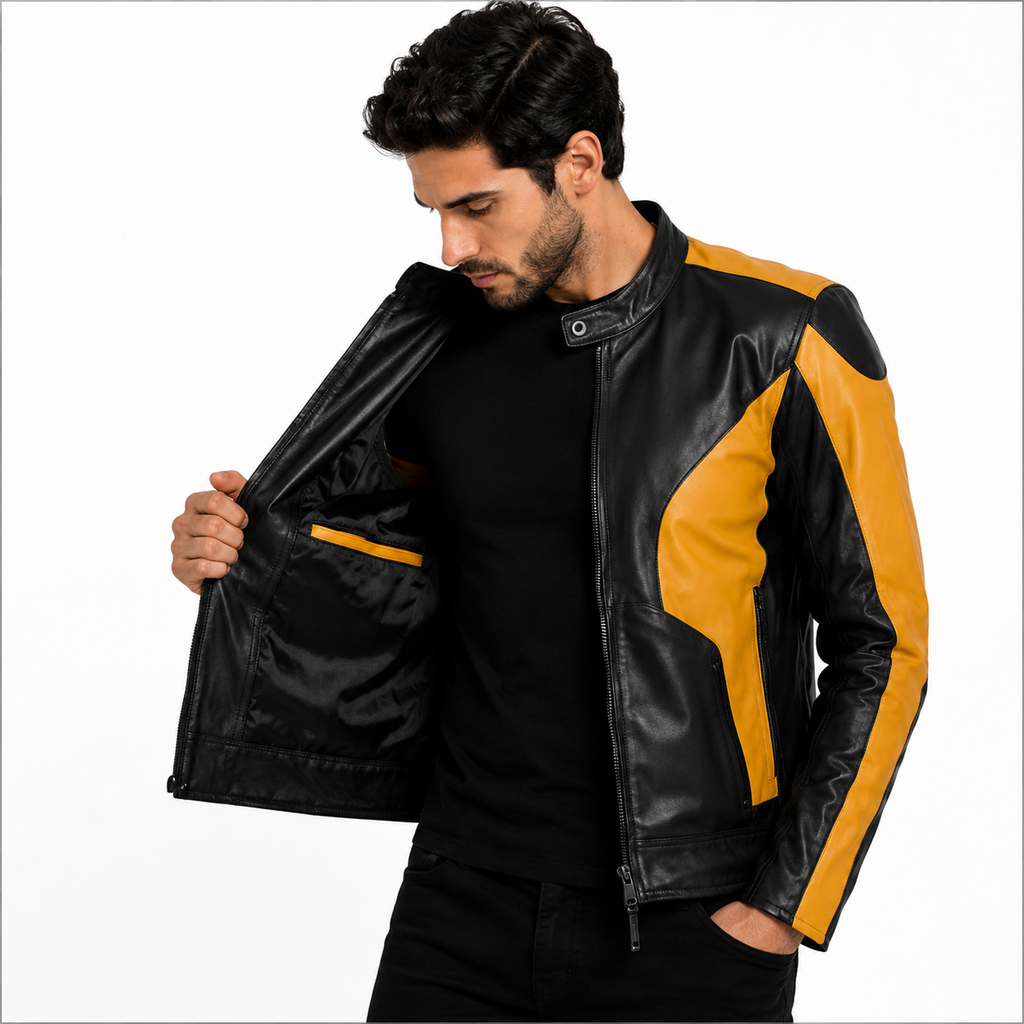 Men's Black & Yellow Genuine Leather Biker Jacket