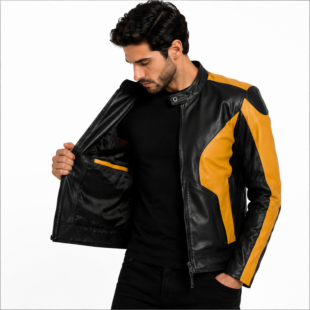 Men's Black & Yellow Genuine Leather Biker Jacket