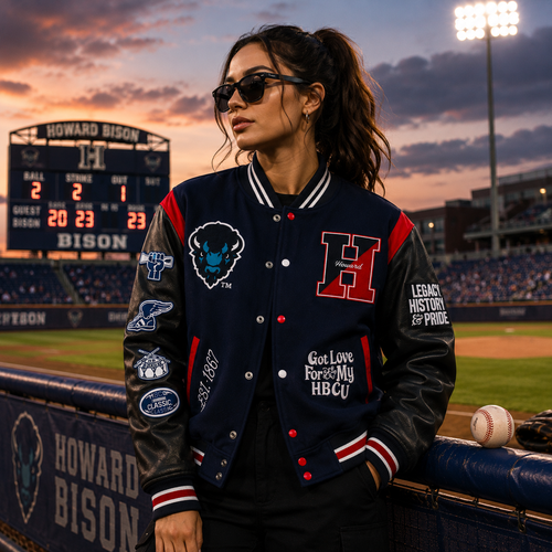Navy Blue and Black Howard University HBCU Varsity Jacket with Buffalo Logo and Big H Patch