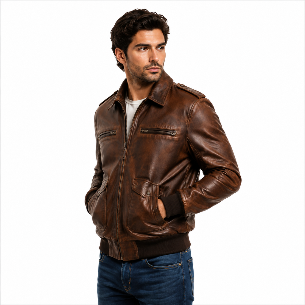 Distressed Leather Bomber Jacket Pocket