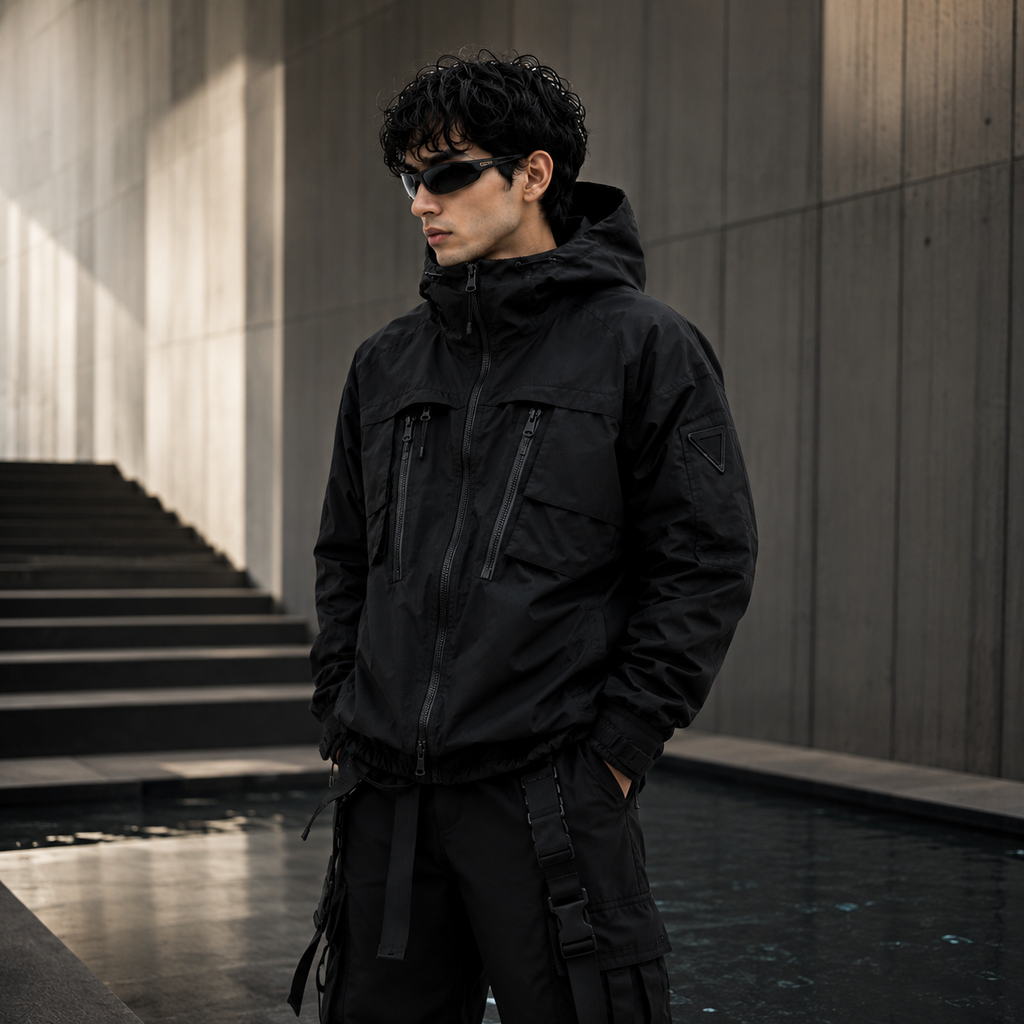 Men's Stealth Black Techwear Hooded Tactical Windbreaker