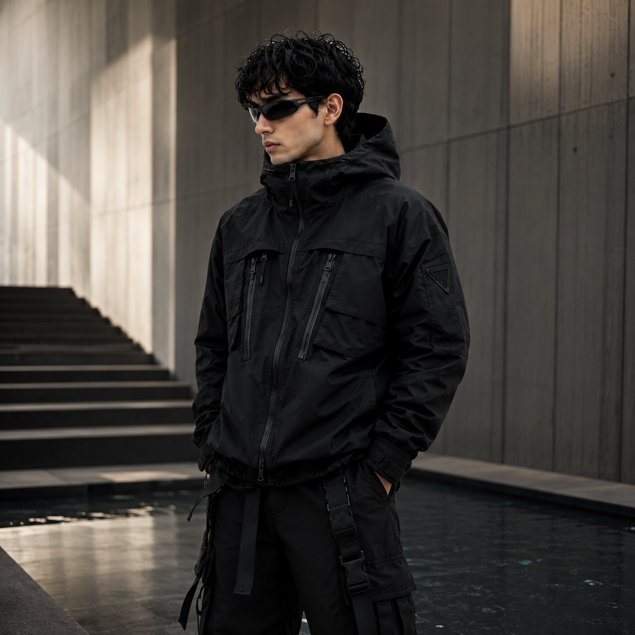 Men's Stealth Black Techwear Hooded Tactical Windbreaker