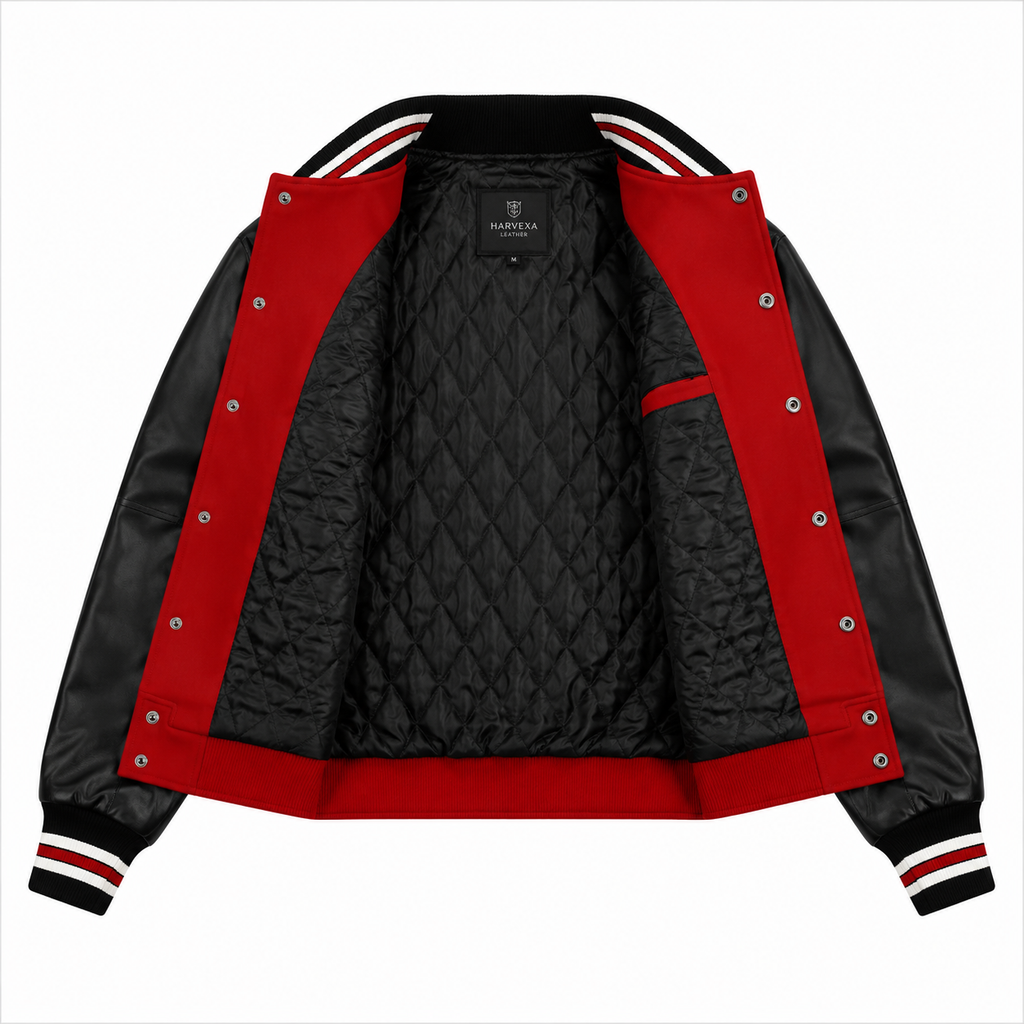 Men's red Chicago Blackhawks NHL bomber jacket leather sleeves
