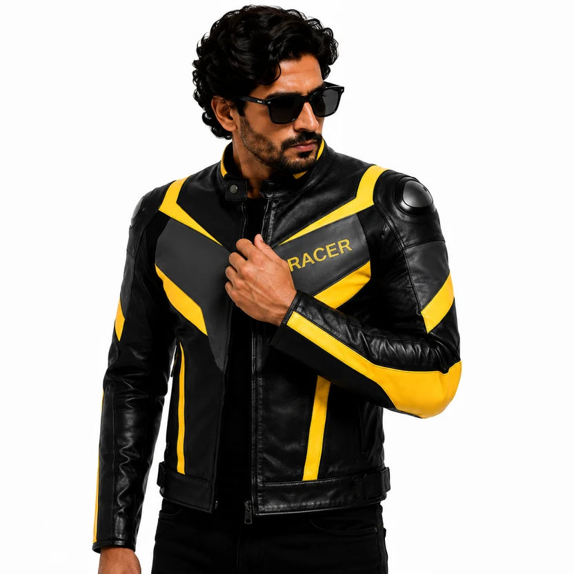 Men's Black Yellow Racer Leather Jacket