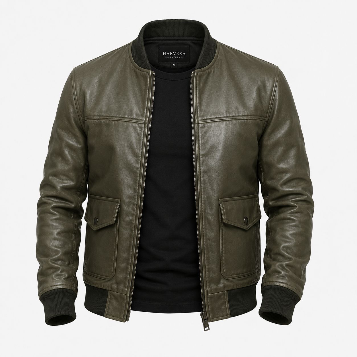 Men's olive green leather bomber jacket