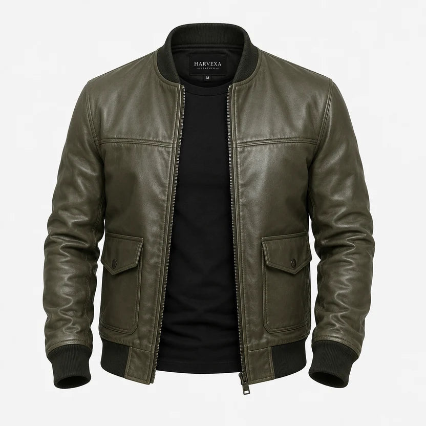 Men's Olive Green Leather Bomber Jacket
