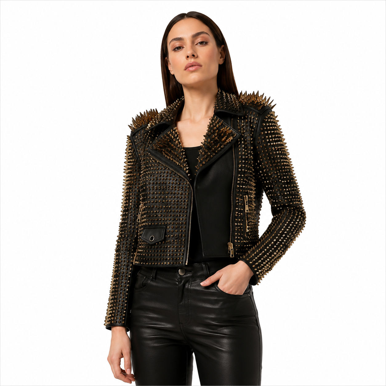 Women's Luxury Studded and Spiked Black Leather Biker