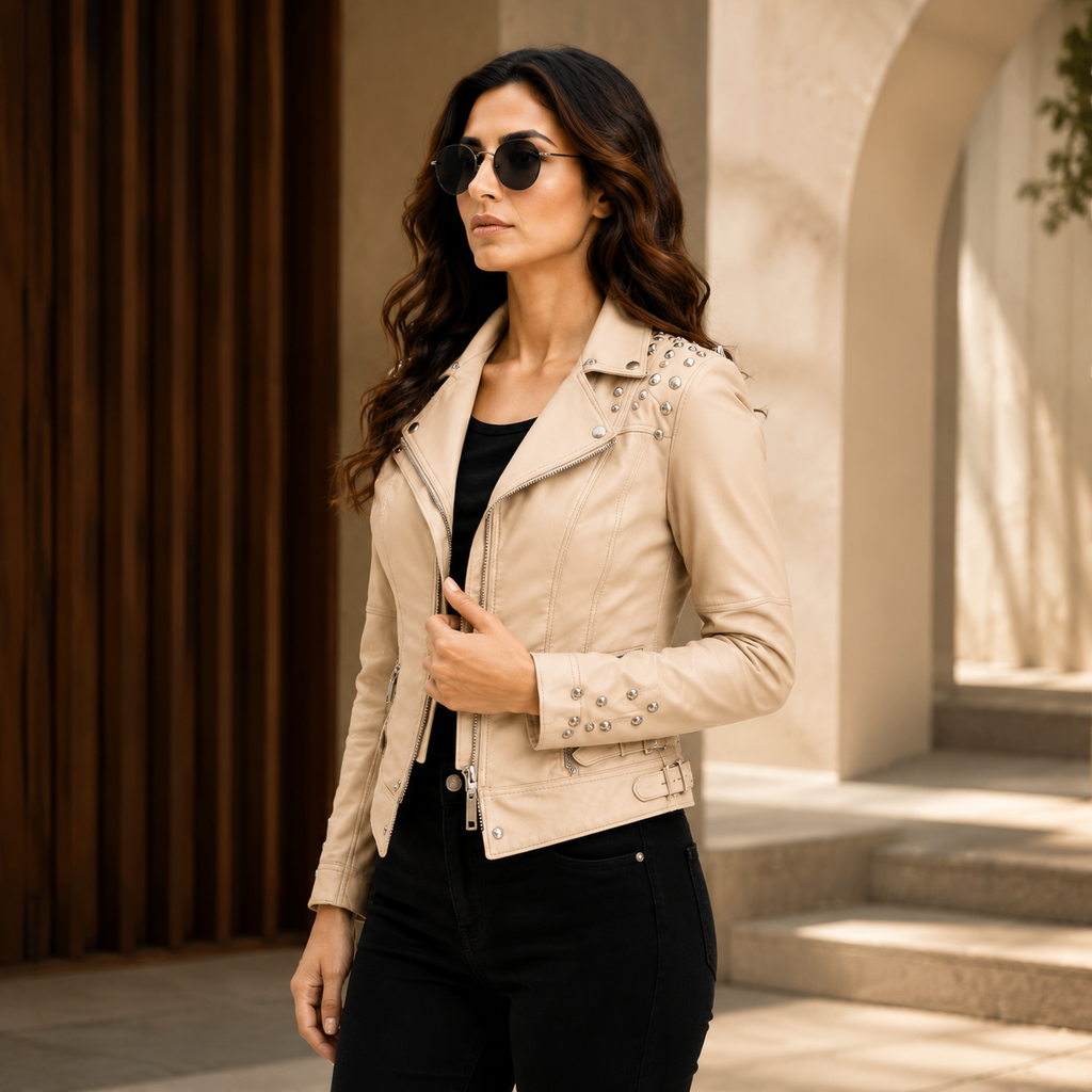 Women's Studded Beige Leather Biker Jacket