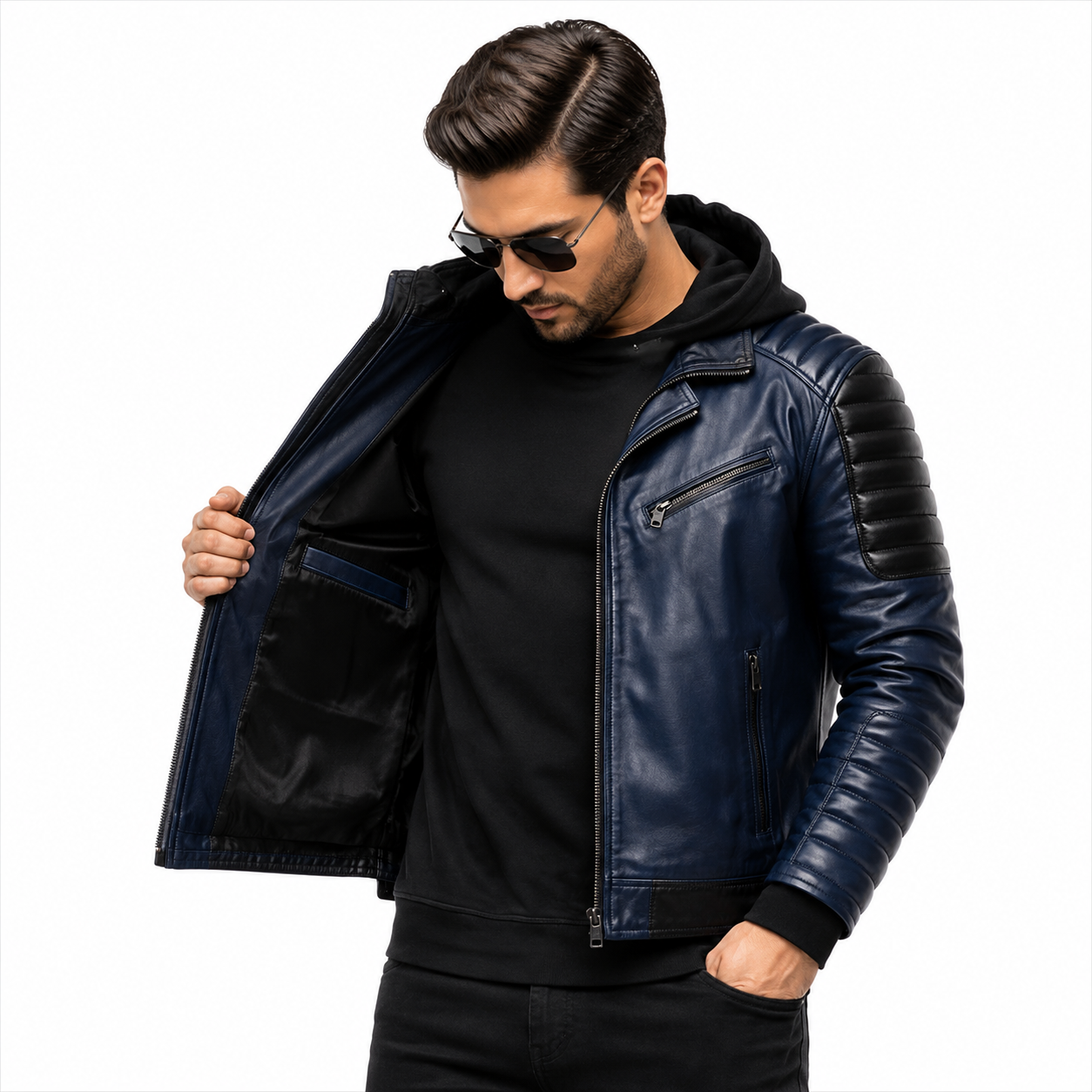 Men's navy blue hooded leather biker jacket