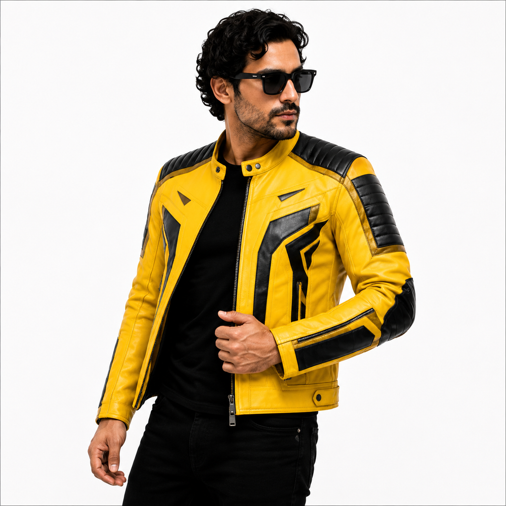 Men's Yellow & Black Racer Leather Jacket