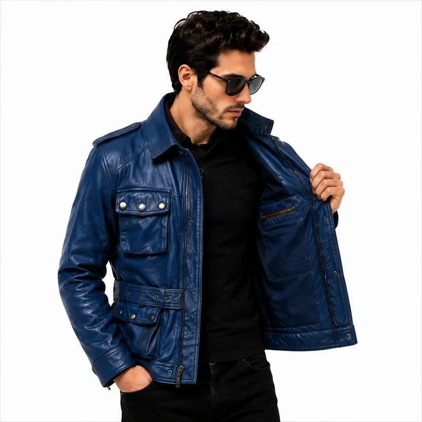 royal blue leather field biker jacket