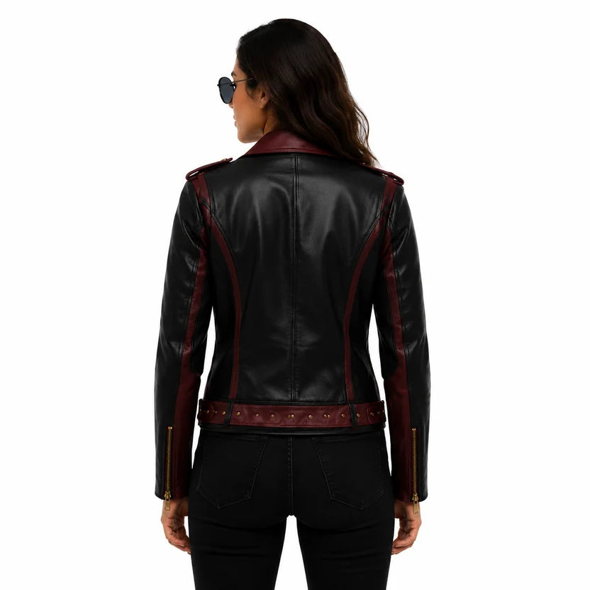 women's maroon bicolor moto jacket