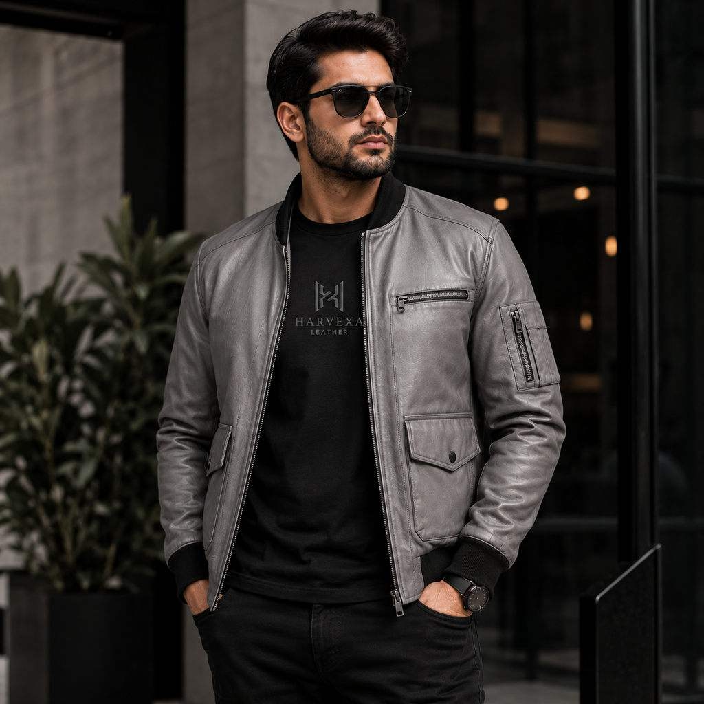 Men's distressed grey leather bomber jacket