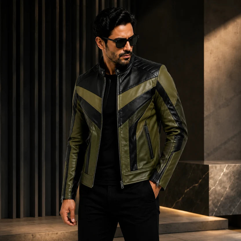 Men's Olive Green and Black V-Panel Racer Leather