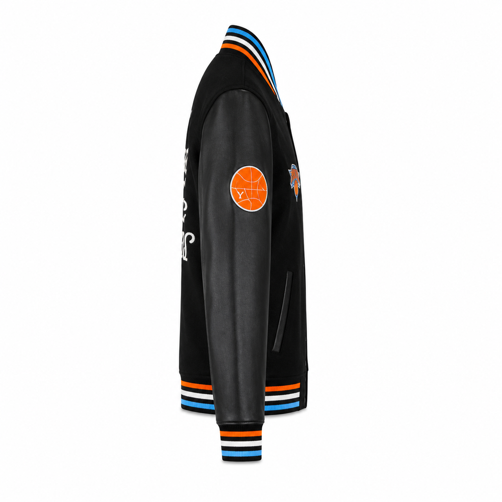 Black Leather New York Knicks Varsity Jacket Side with Orange Basketball Sleeve Patch