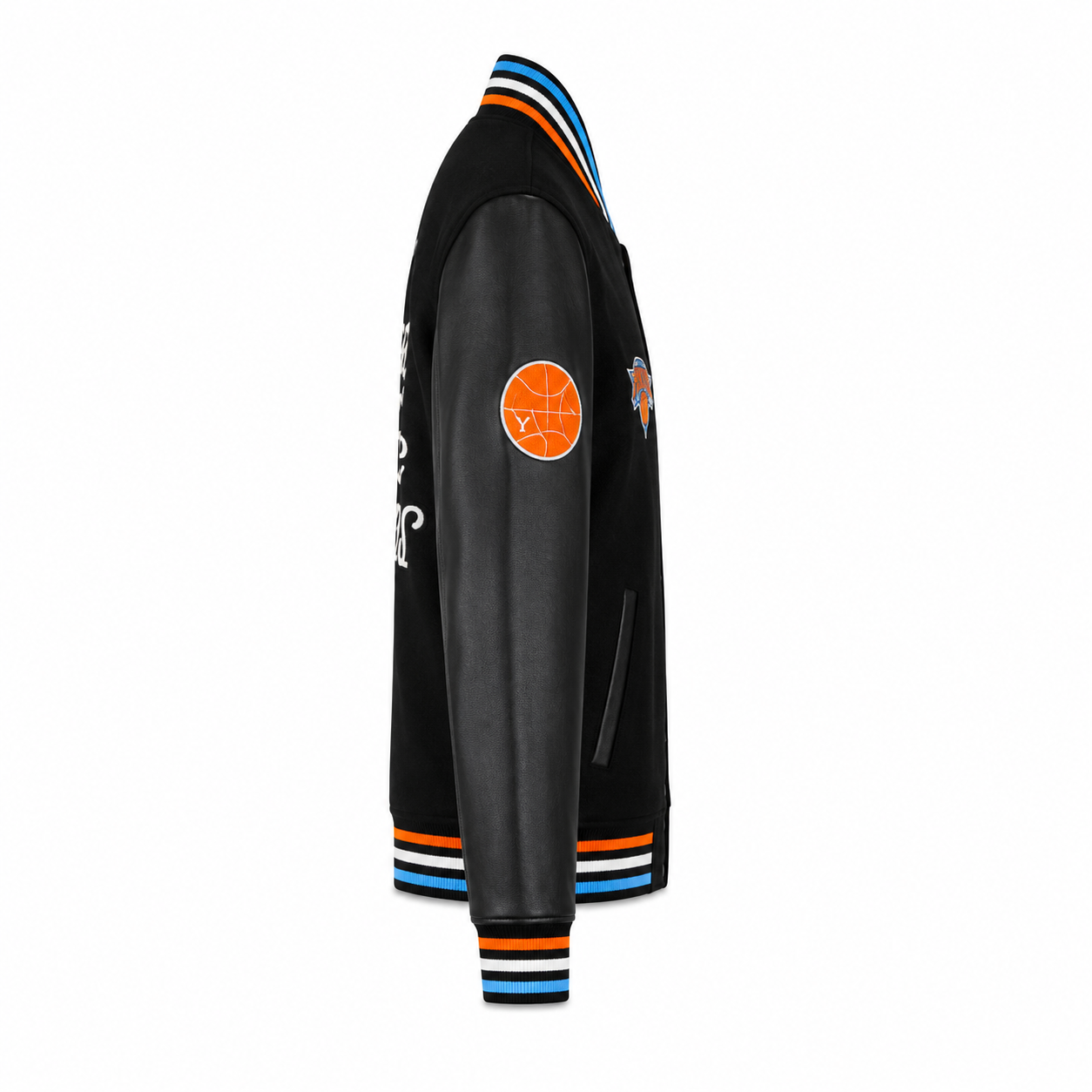 Black Leather New York Knicks Varsity Jacket Side with Orange Basketball Sleeve Patch