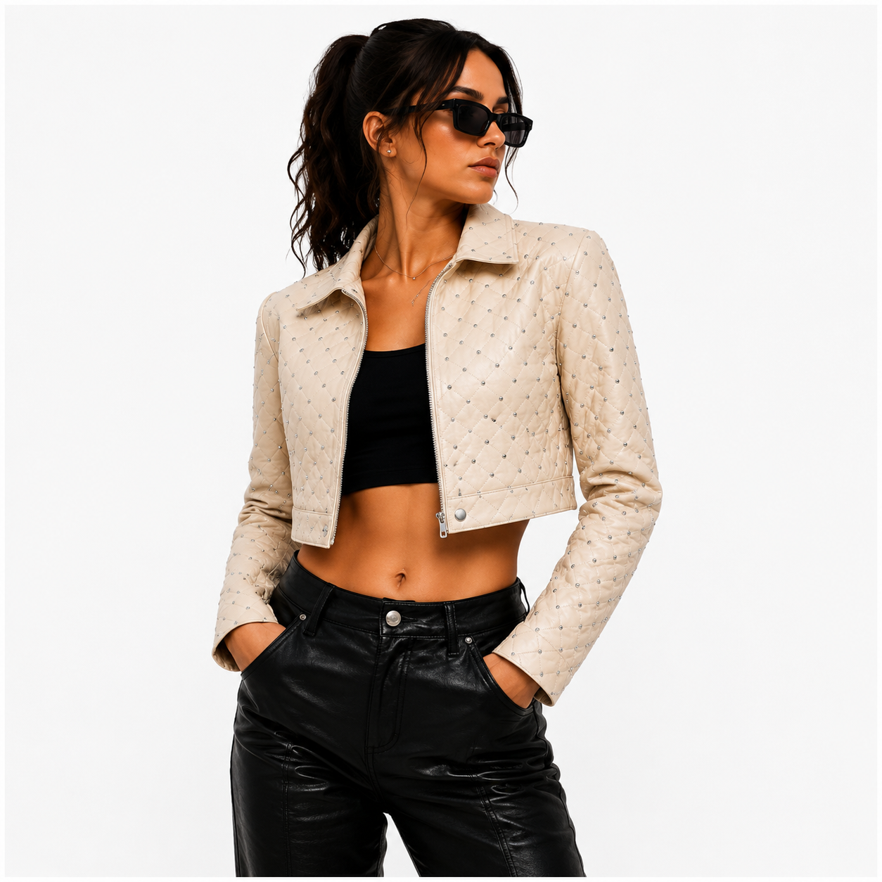 Women's Cream Cropped Studded Leather Jacket
