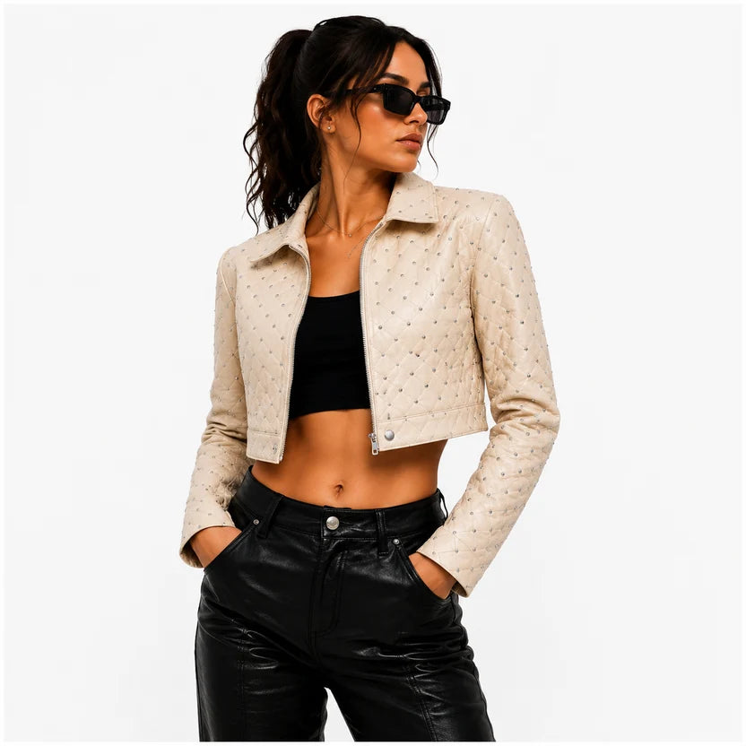 women's beige studded crop leather jacket