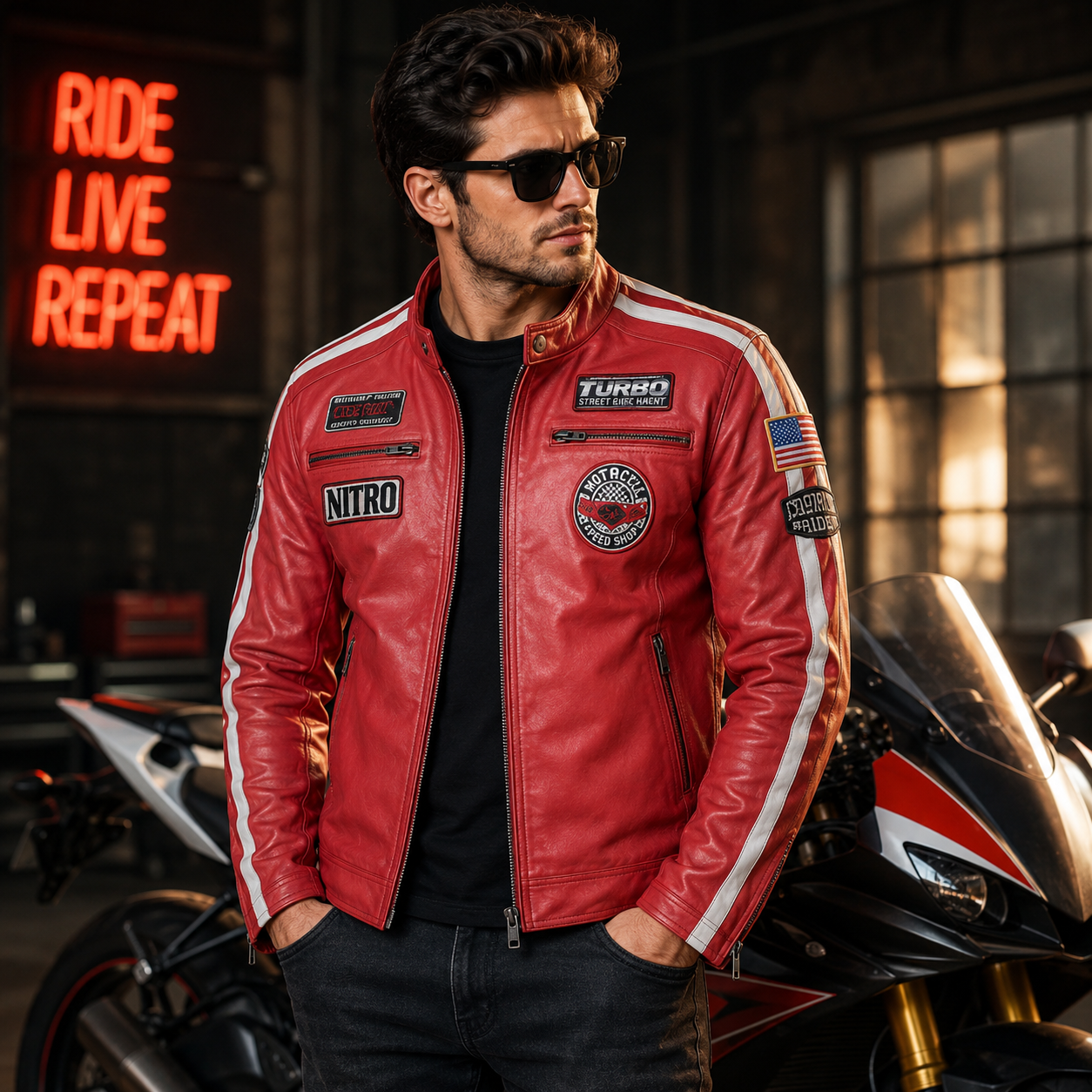 Men's Red Genuine Leather Racing Jacket