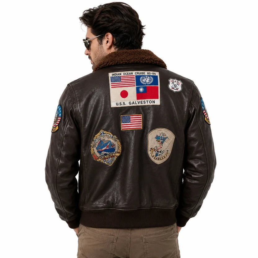 Men's Black Genuine Leather Top Gun Bomber Aviator Jacket