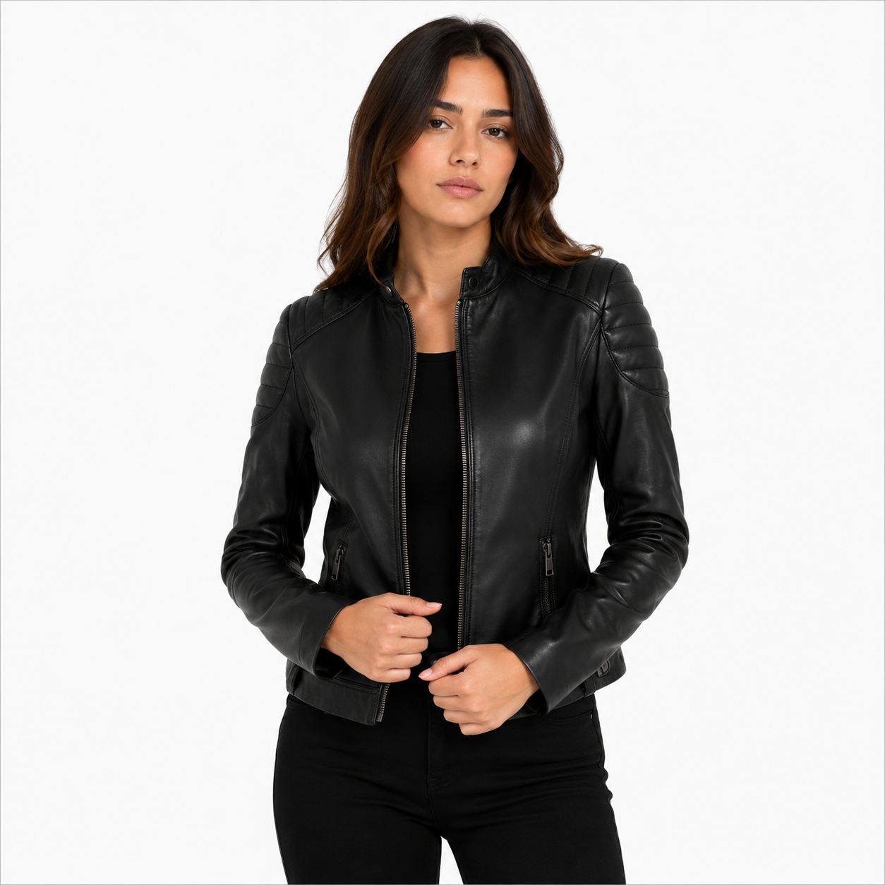 Women's Classic All-Black Cafe Racer Leather Biker Jacket