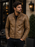 Dodge Men's Camel Brown Genuine Leather Cafe Racer Biker Style Jacket